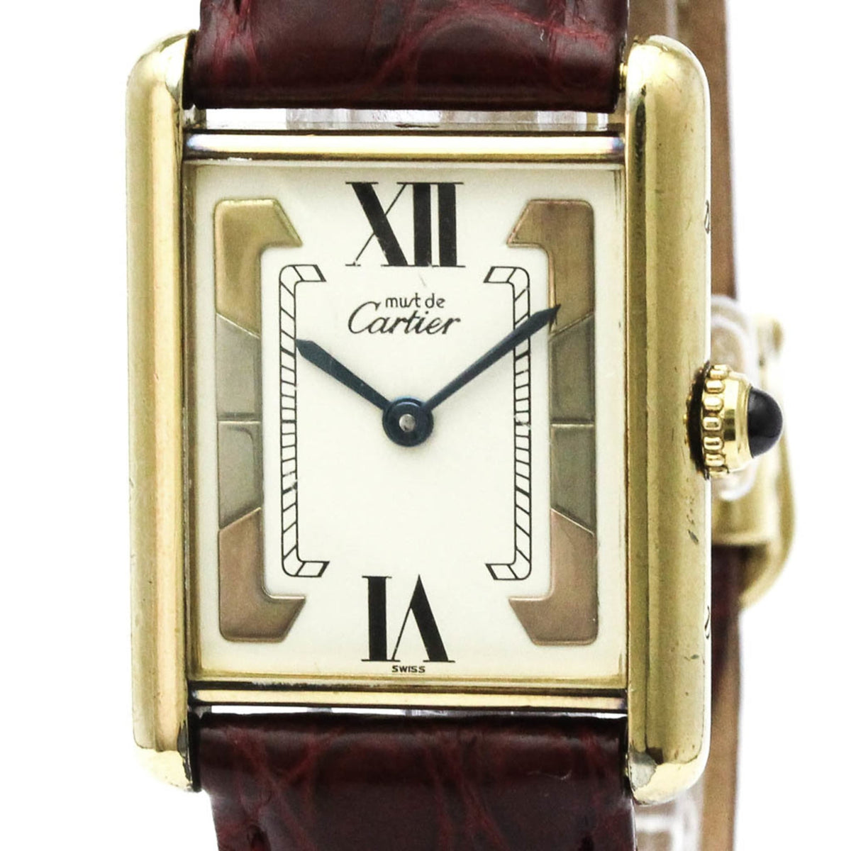 Pre-Owned CARTIER Tank Vermeil Gold Plated Leater Quartz Mens Watch 590005
