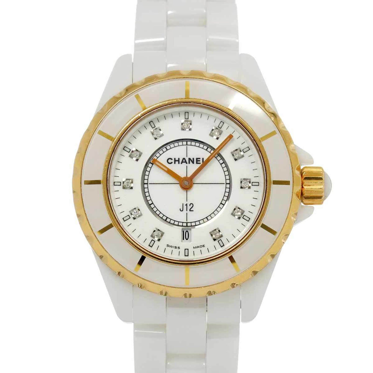 Pre-Owned CHANEL J12 33mm H2181 Women's Watch with 11 Diamonds, Date Display, White Ceramic, and Yellow Gold Quartz Movement