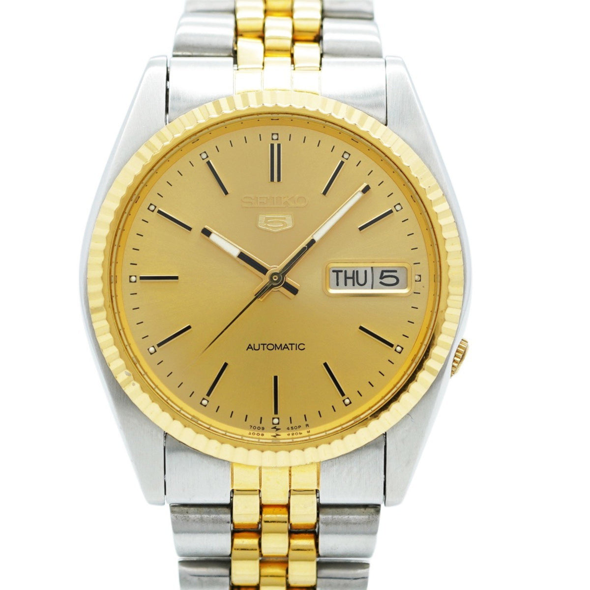 Gebrauchte Seiko Five 7009-3110 Herrenuhr mit goldenem Zifferblatt 