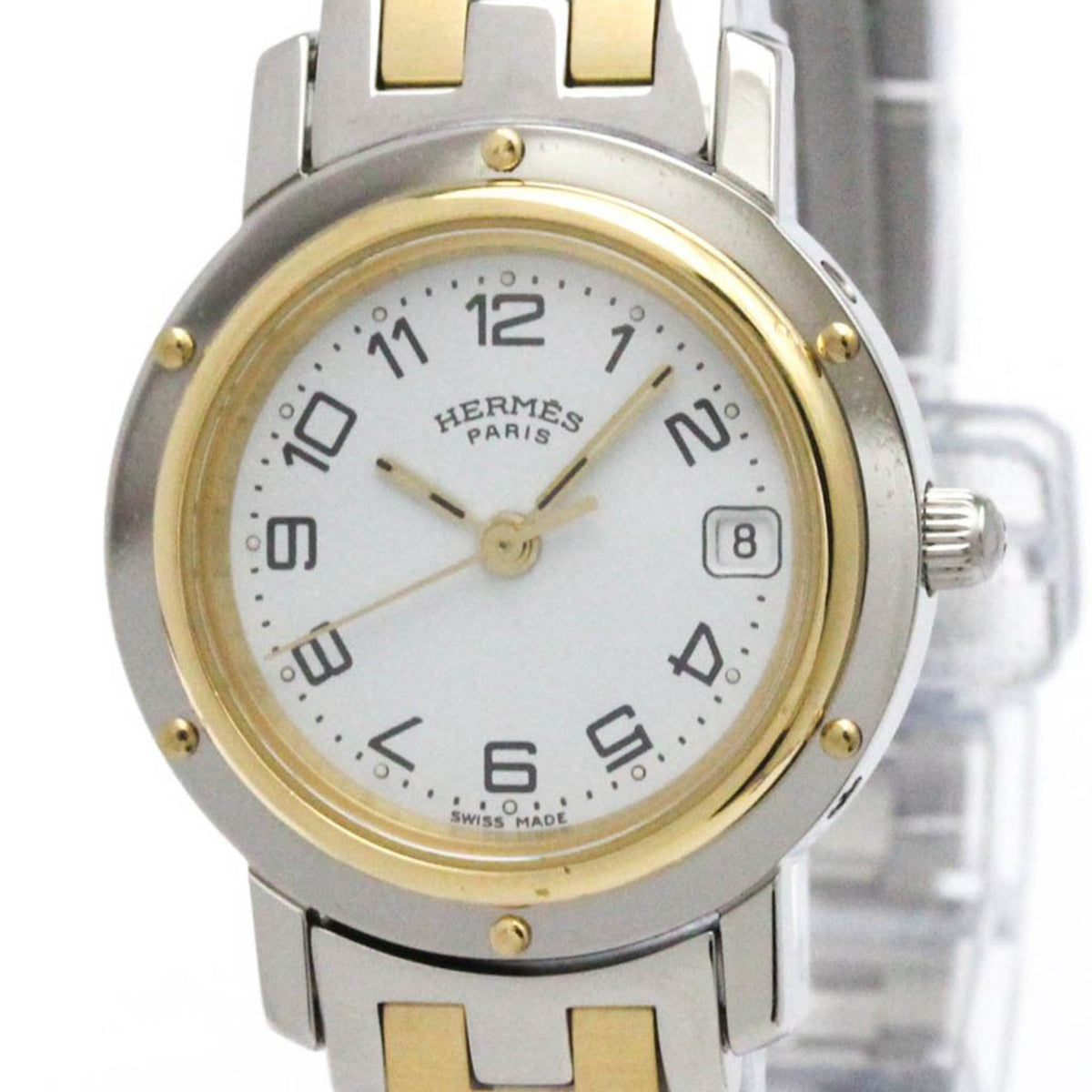 Pre-Owned HERMES Clipper Gold Plated Steel Quartz Ladies Watch CL4.220 Polished