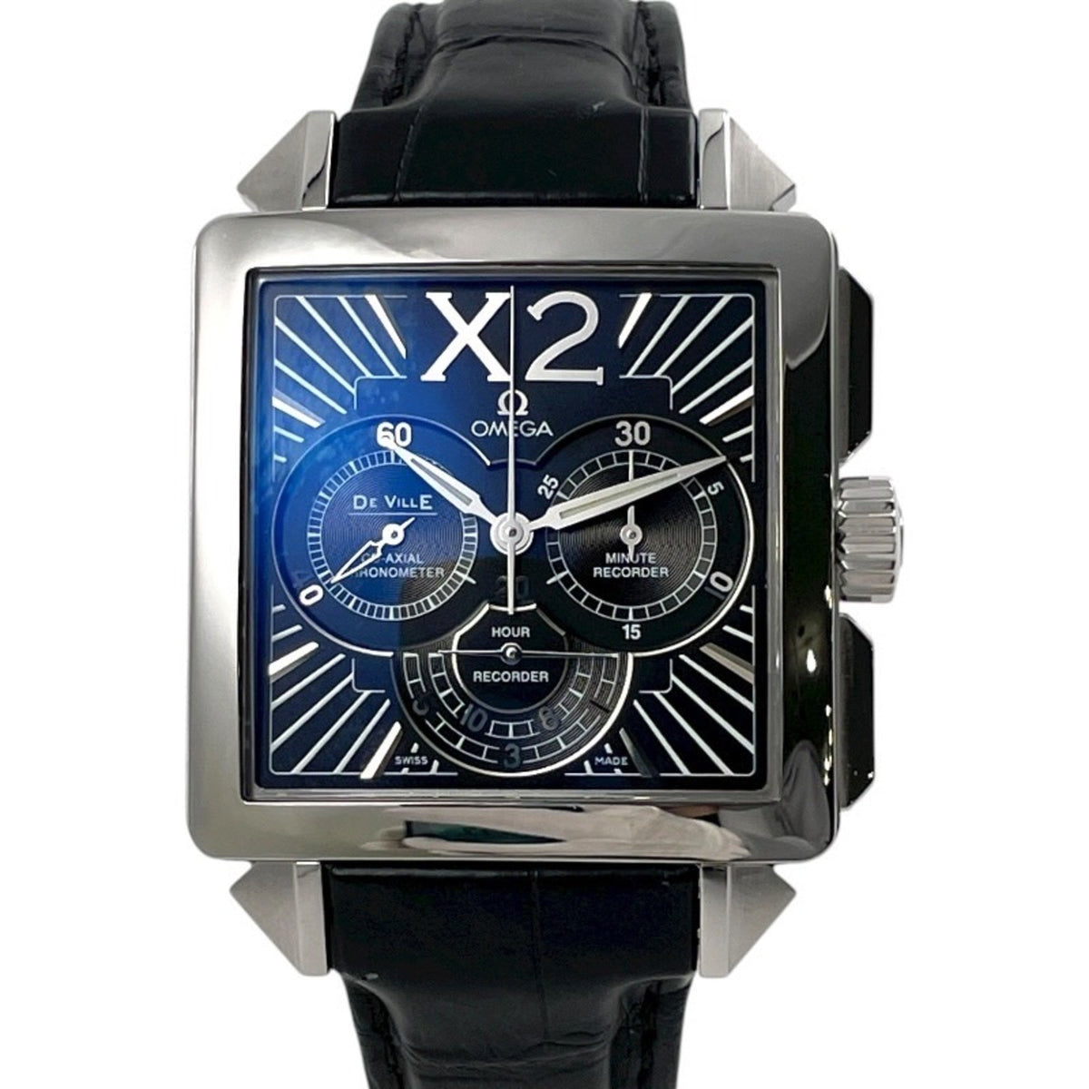 Pre-Owned OMEGA De Ville X2 Chronograph 423.13.37.50.01.001 Stainless Steel Leather Men's Automatic Co-Axial Watch in Black