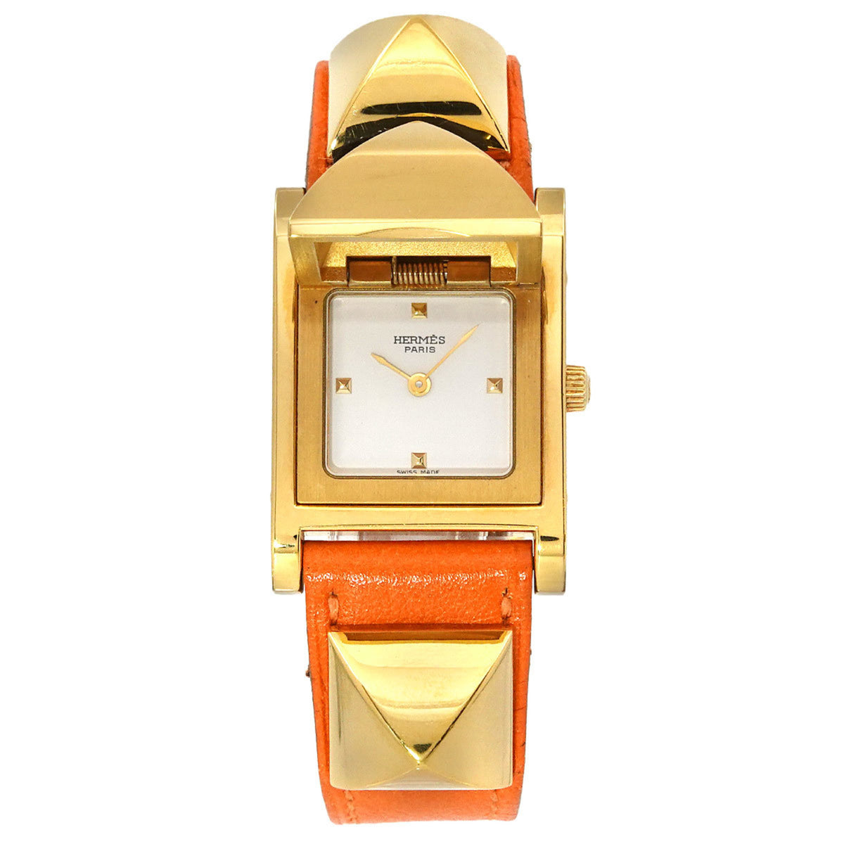 Pre-Owned Herm?s Medor Women's Pyramid Gold Stud Watch in White and Orange Leather with Quartz Movement
