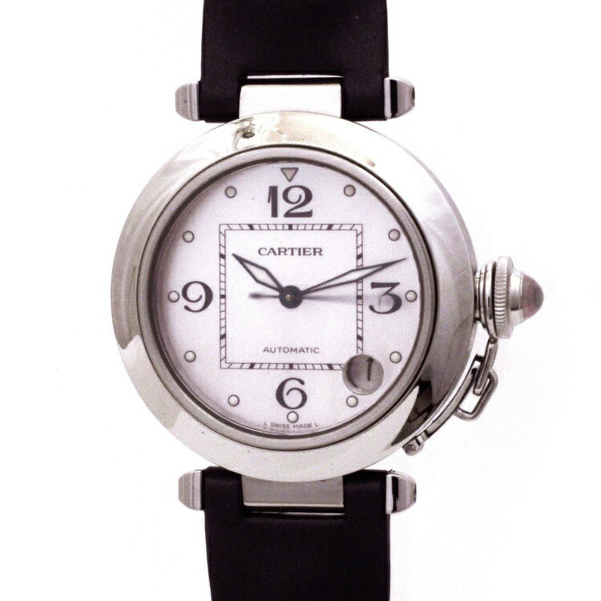 Gebrauchte Cartier Uhr Pasha grau silber rosa Schale 2324 Damen Leder SS Automatik überholt 35mm Aufzug runde Kronenkappe 