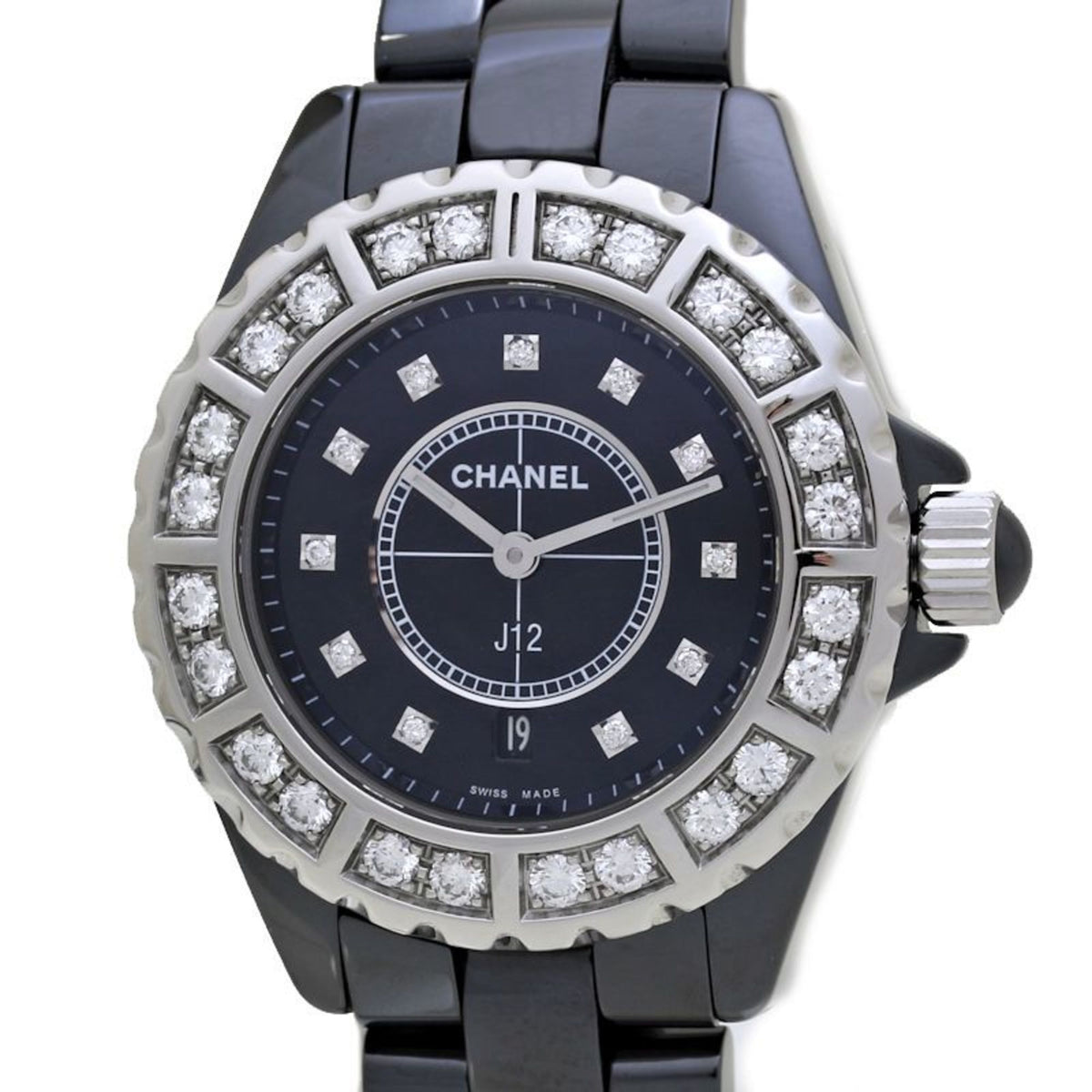 Gebrauchte CHANEL J12 Lünette Diamant H2427 Schwarze Keramik x Edelstahl Damen 39763 Uhr 
