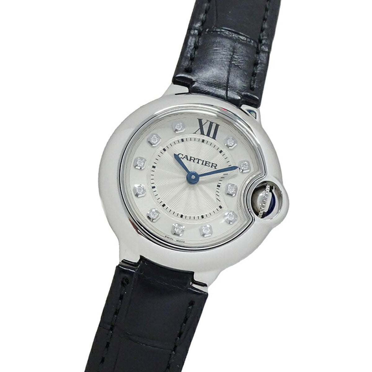 Gebrauchte Cartier Damenuhr Ballon Bleu 11P Diamant Quarz Edelstahl SS Leder W4BB0008 Rund Silber Schwarz Poliert 