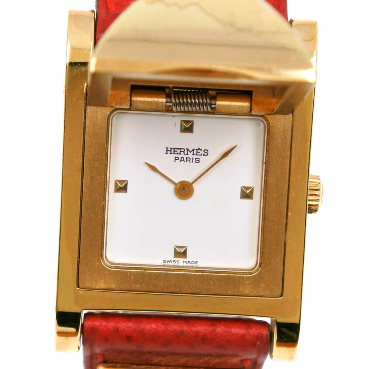 Gebrauchte Hermes Medor Uhr vergoldet x Leder 1995 Rot/Gold ?Y Quarz weißes Zifferblatt Damen I213023037 