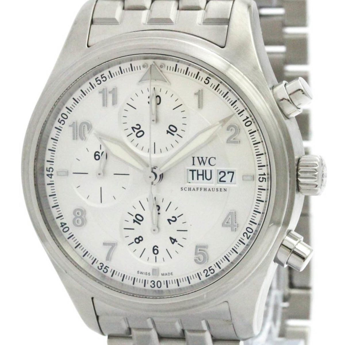 Gebrauchte polierte IWC Spitfire Chronograph Stahl Automatik Herrenuhr IW371705 BF580165 