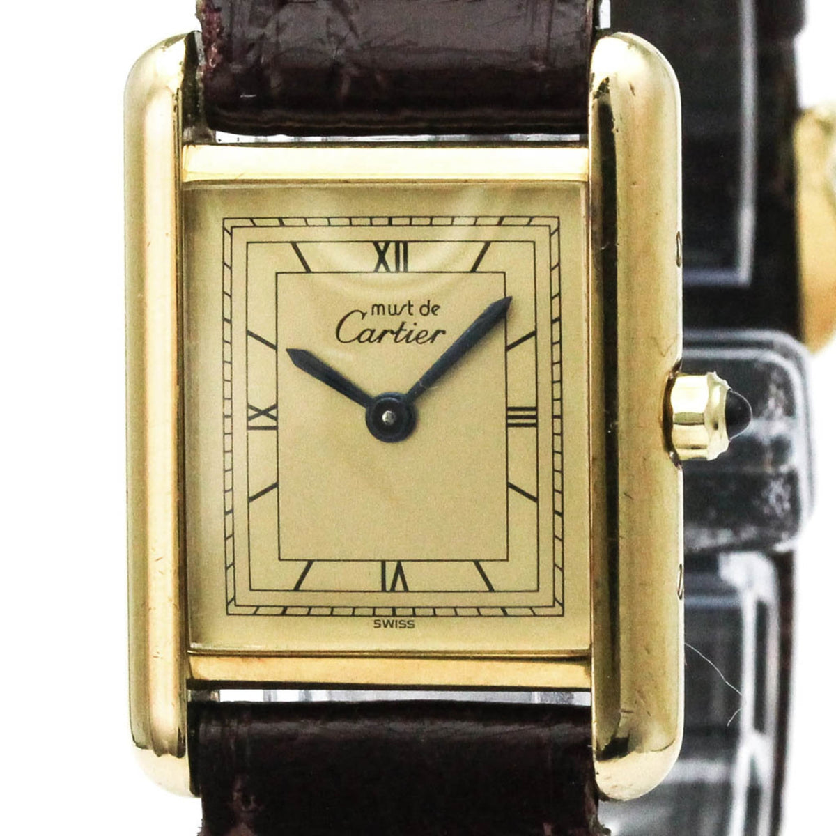Pre-Owned CARTIER Must Tank Gold Plated Leather Quartz Ladies Watch 366001