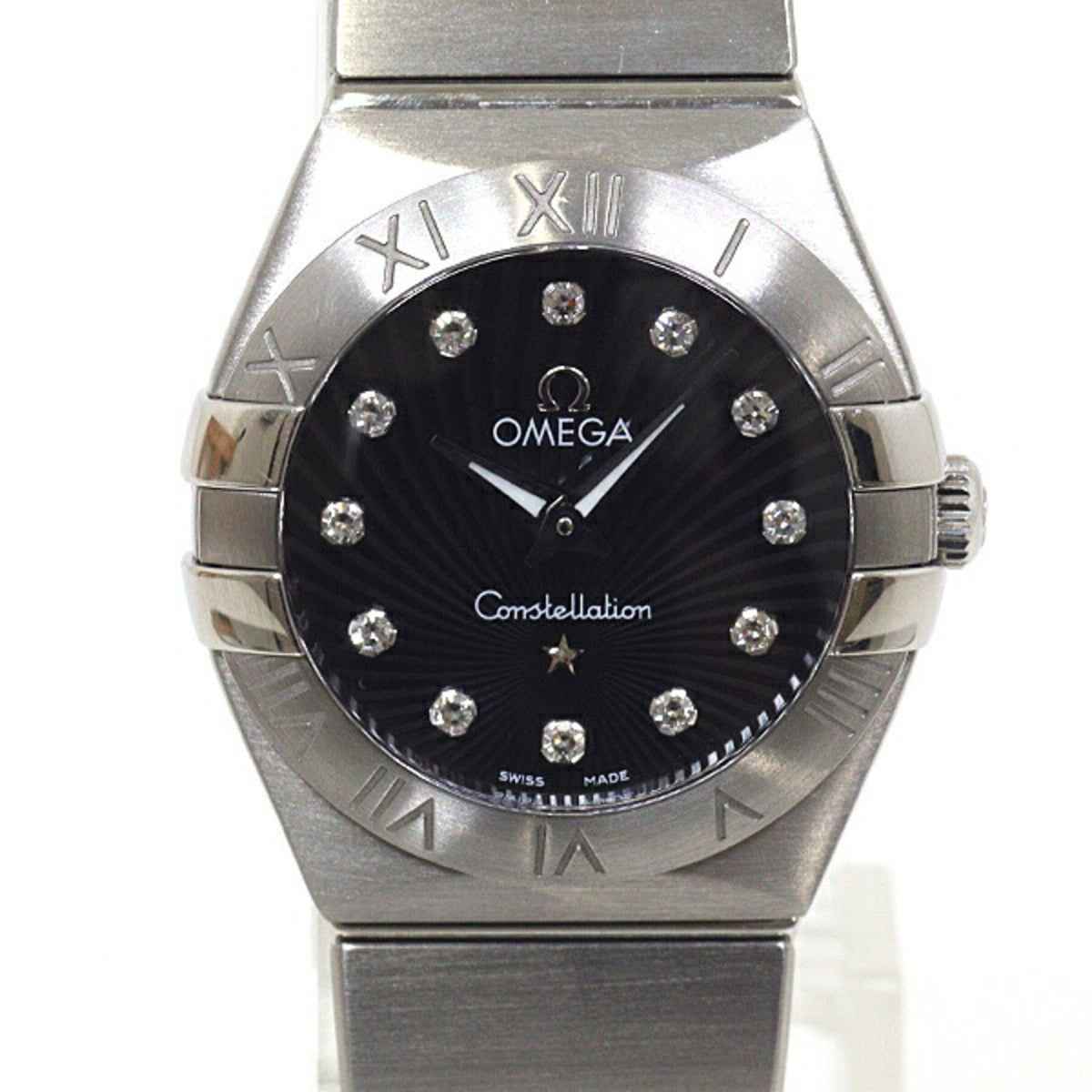 Gebrauchte OMEGA Damenuhr Constellation gebürstet 12P Diamant schwarzes Zifferblatt Quarz fertig 