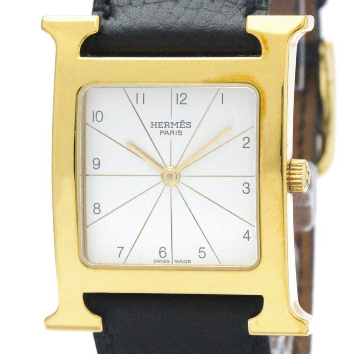 Gebrauchte HERMES H Uhr vergoldetes Leder Quarz Herrenuhr HH1.501 BF569965 