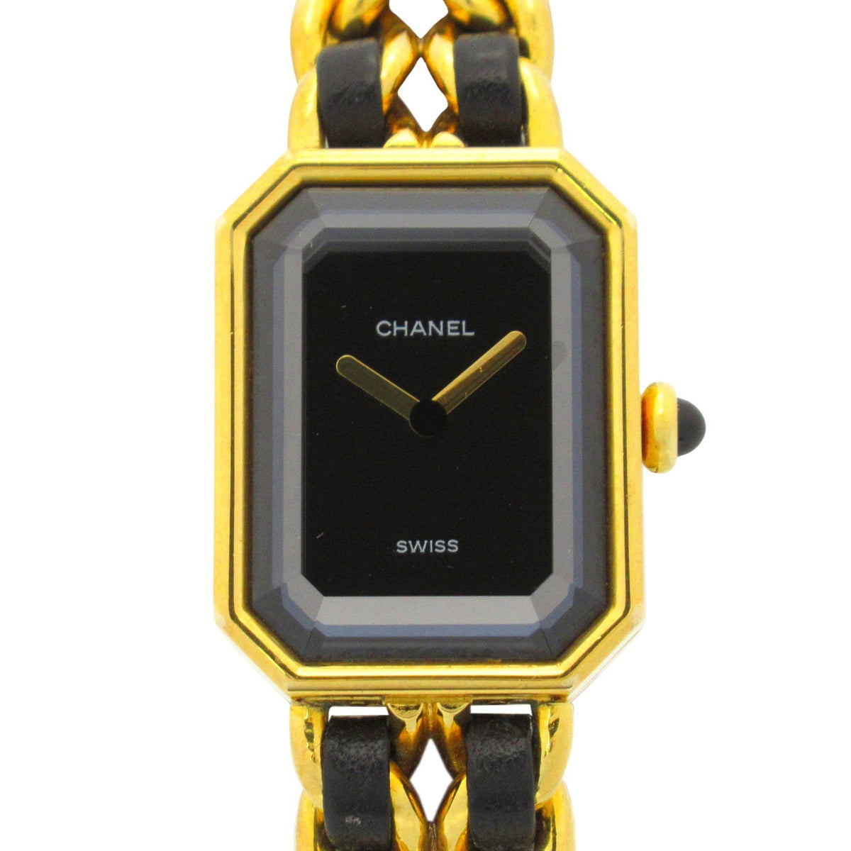 Gebrauchte CHANEL Premiere M Uhr GP (vergoldet) Leder Damen Schwarz H0001 