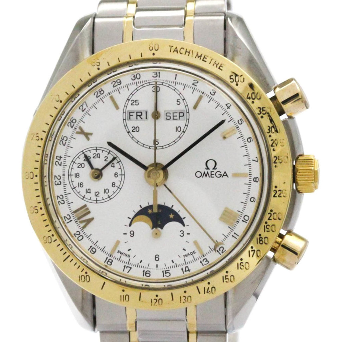 Pre-Owned OMEGA Speedmaster Triple Date Moonphase 18K Gold Watch 3336.20 Polished