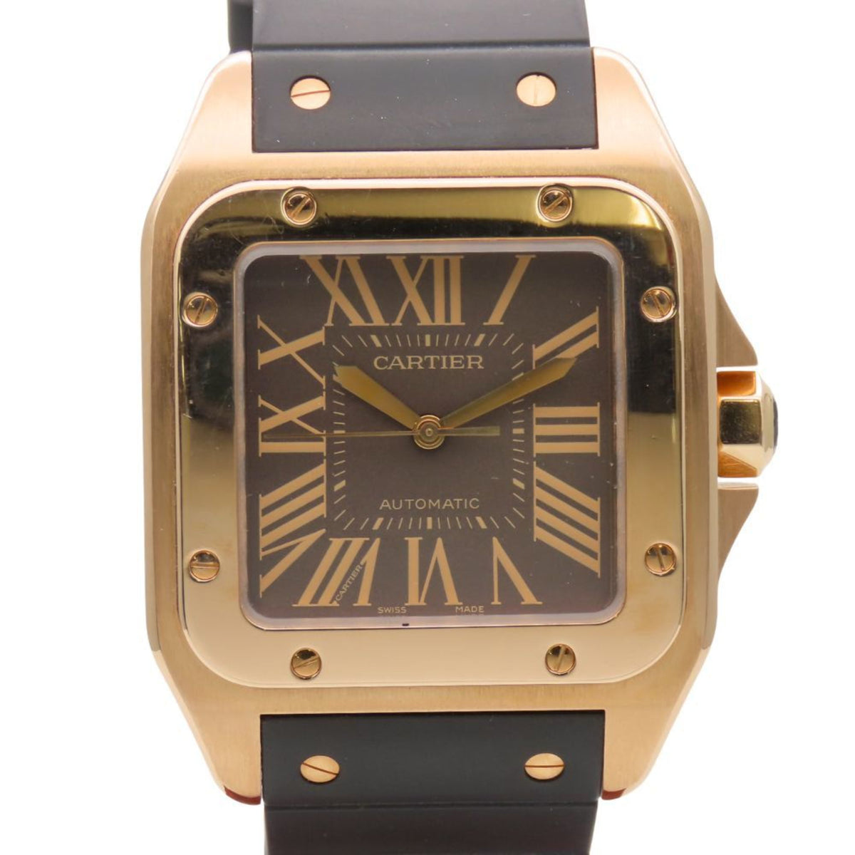 Pre-Owned Cartier Santos 100LM Watch, 18K Gold with Rubber Case, Approx. 167g, Chocolate Black and Pink Dial, Men's