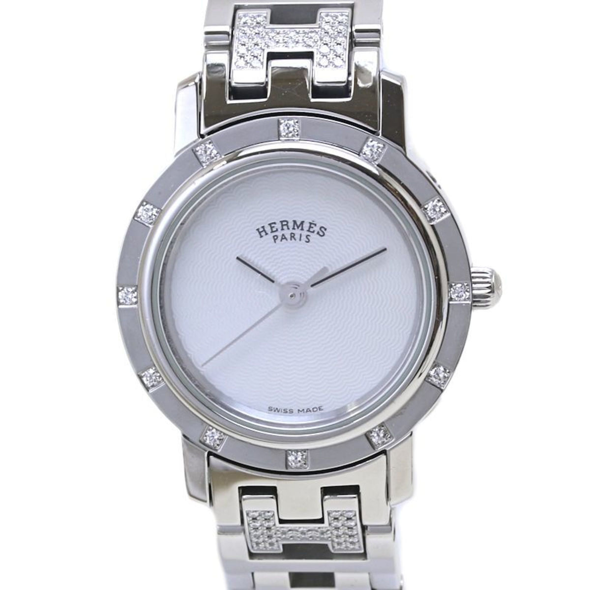 Pre-Owned HERMES Clipper Nakreh (old buckle) women's watch CL4.230.215 3869 with 12 diamond bezel and bracelet in stainless steel (40047)