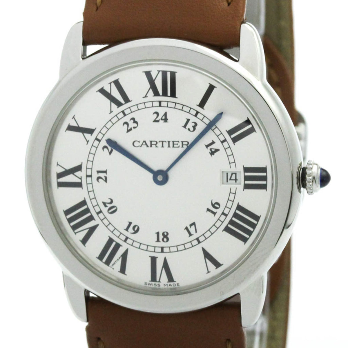 Pre-Owned CARTIER Ronde Solo LM Steel Leather Quartz Mens Watch W6700255 Polished