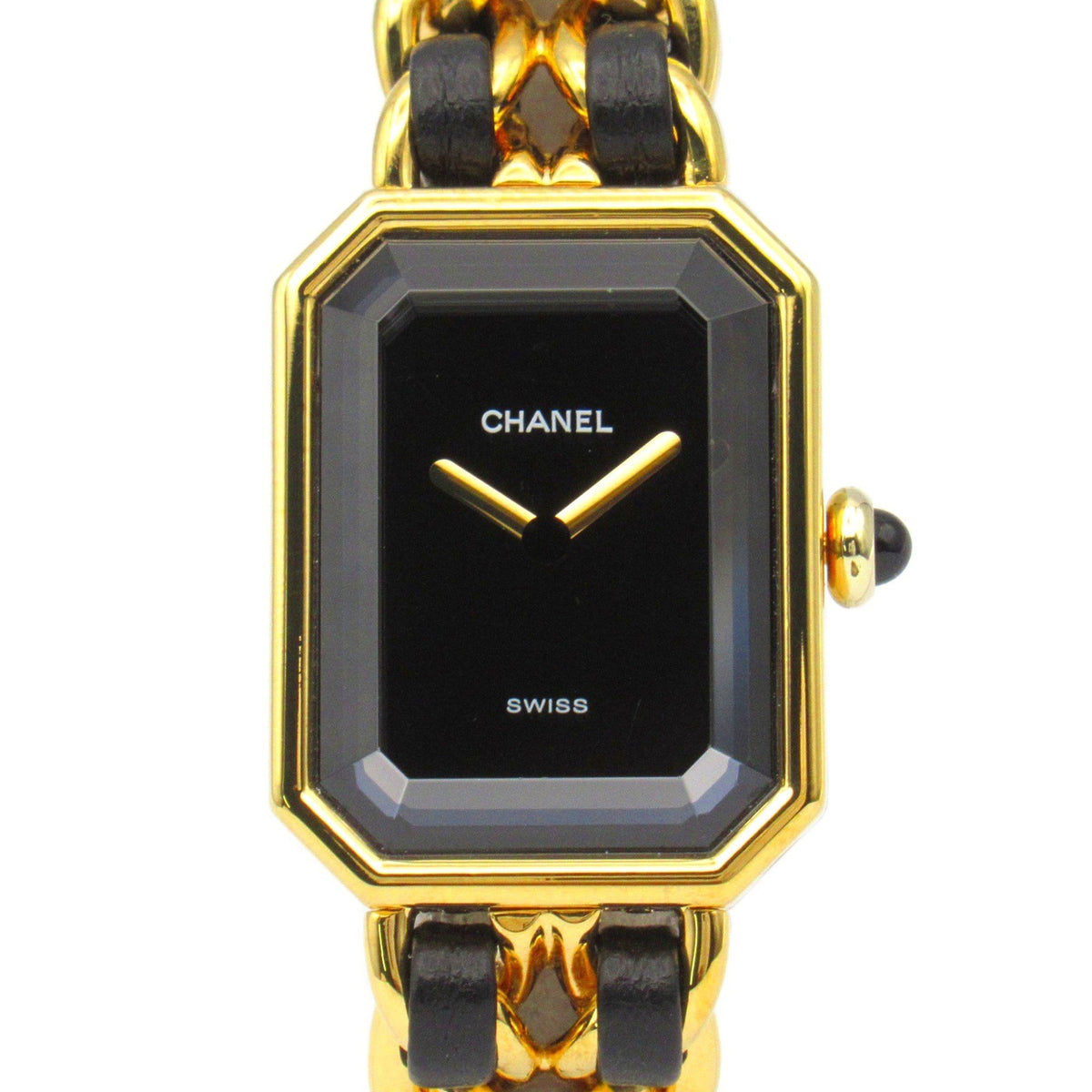 Gebrauchte CHANEL Premiere S Uhr GP (vergoldet) Leder Damen Schwarz H0001 