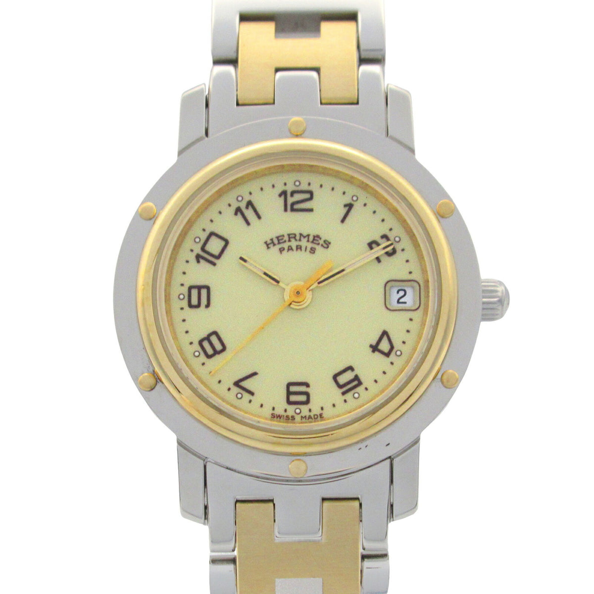 Gebrauchte Hermes Clipper Uhr GP (vergoldet) Edelstahl Damen Elfenbein CL4.220 