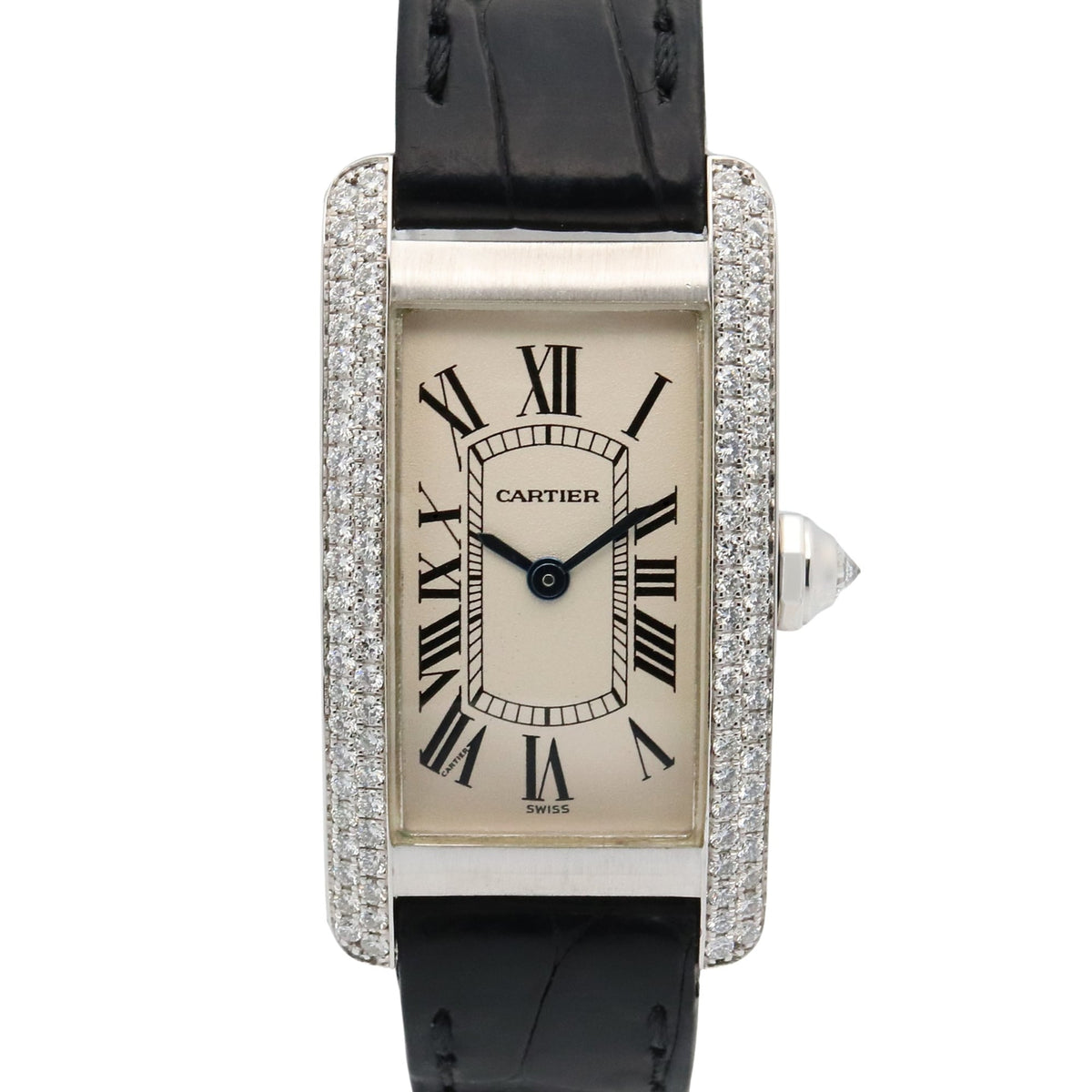 Pre-Owned Cartier Tank Am?ricaine SM Watch with Diamond Bezel, 18K White Gold, Diamonds, Leather Strap, Silver, Women's, WB701851