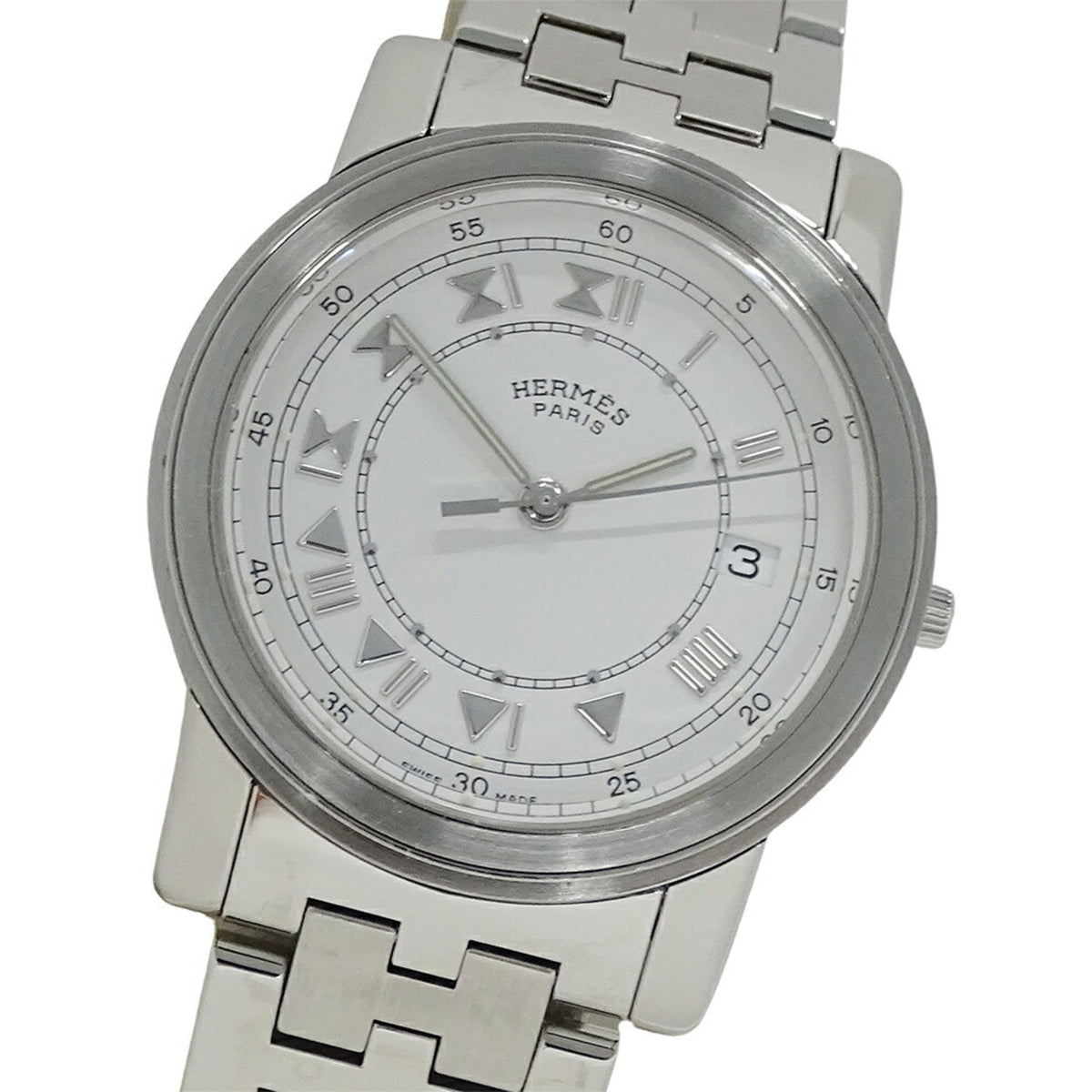 Gebrauchte Hermes HERMES Uhr Herren Carrick Date Quarz Edelstahl SS Silber Weiß Rund Poliert 