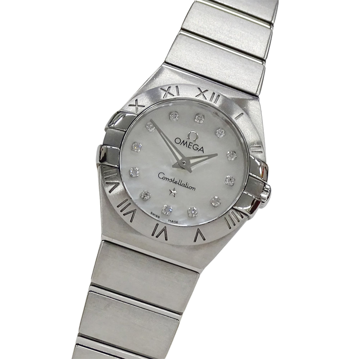 Pre-Owned OMEGA Constellation Brushed 123.10.24.60.55.001 Women's Watch with 12 Diamonds, Shell, Quartz Movement, Stainless Steel, Silver Polished