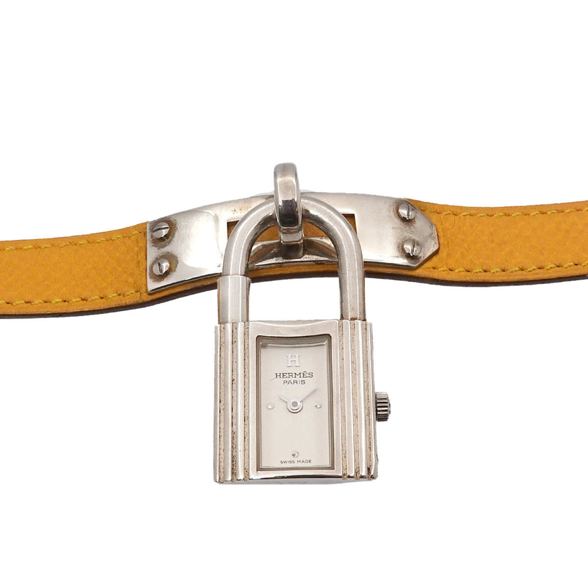 Pre-Owned Herm?s Kelly Watch for Women, Silver SV925 with Yellow Leather Quartz Movement and Cadena Strap