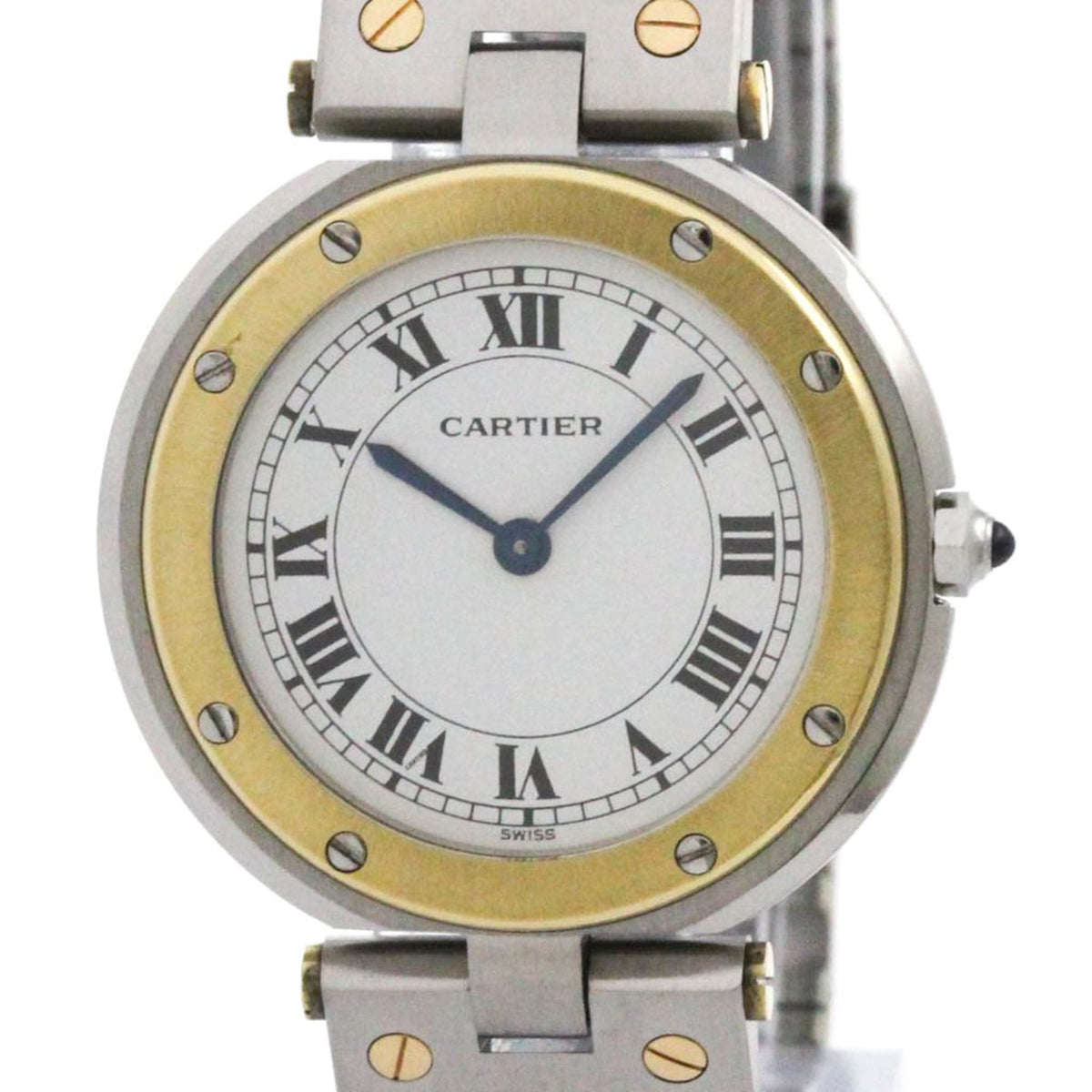 Pre-Owned CARTIER Santos Round 18K Gold Steel Quartz Mens Watch Polished