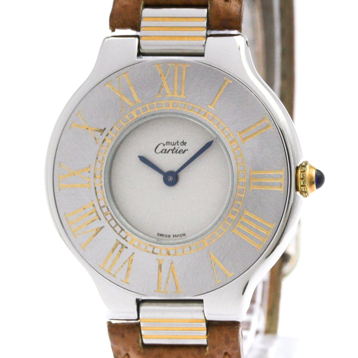Pre-Owned CARTIER Must 21 Gold Plated Steel Leather Quartz Unisex Watch Polished