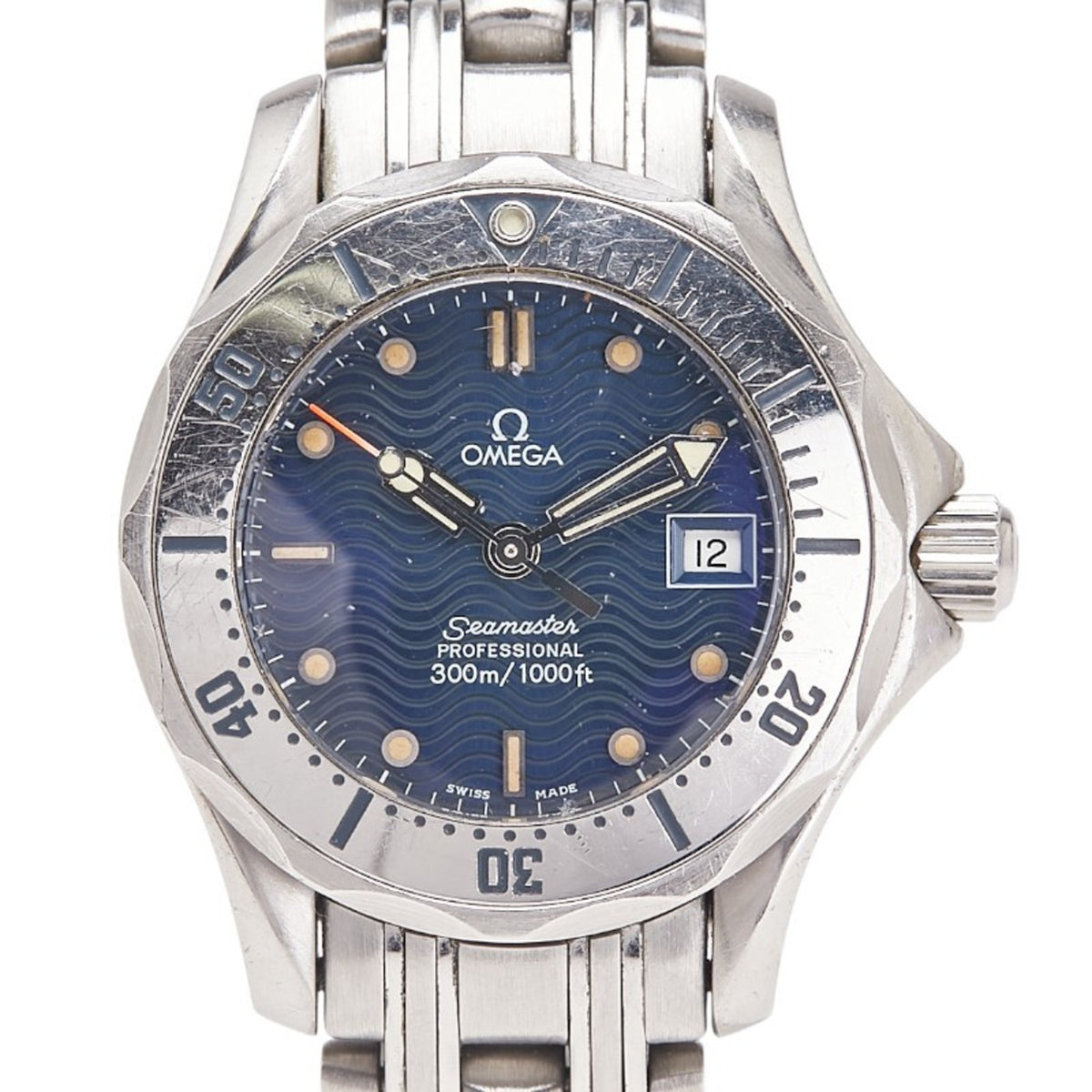 Pre-Owned OMEGA Seamaster Guilloched Quartz Watch with Navy Dial and Stainless Steel, Women's