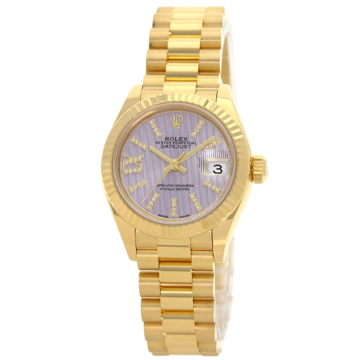 Pre-Owned Rolex 279178G Datejust Lilac Tapestry Diamond Index Watch in 18K Yellow Gold (18KYG) for Women