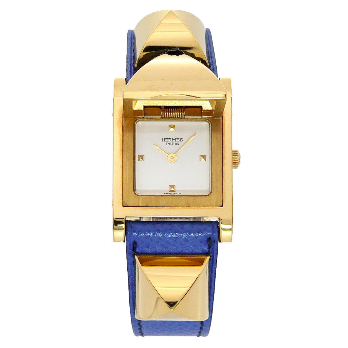 Gebrauchte Hermes Medor Damenuhr Pyramide Goldnieten Weiß Blau Leder Quarz 