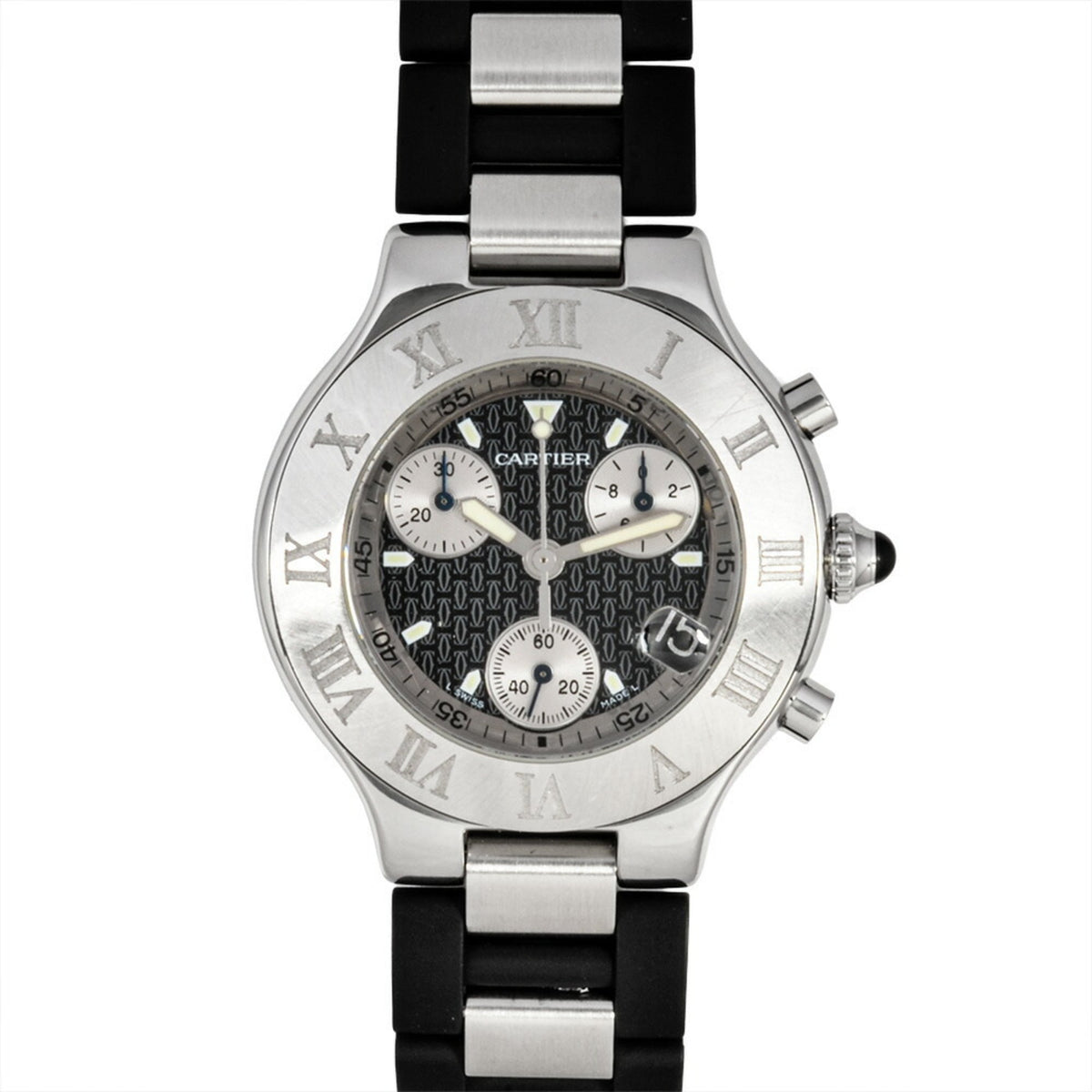 Pre-Owned Cartier Must 21 Chronoscaph Vantianne 2424 W10125U2 Quartz Watch with Black Dial and Stainless Steel, Men's