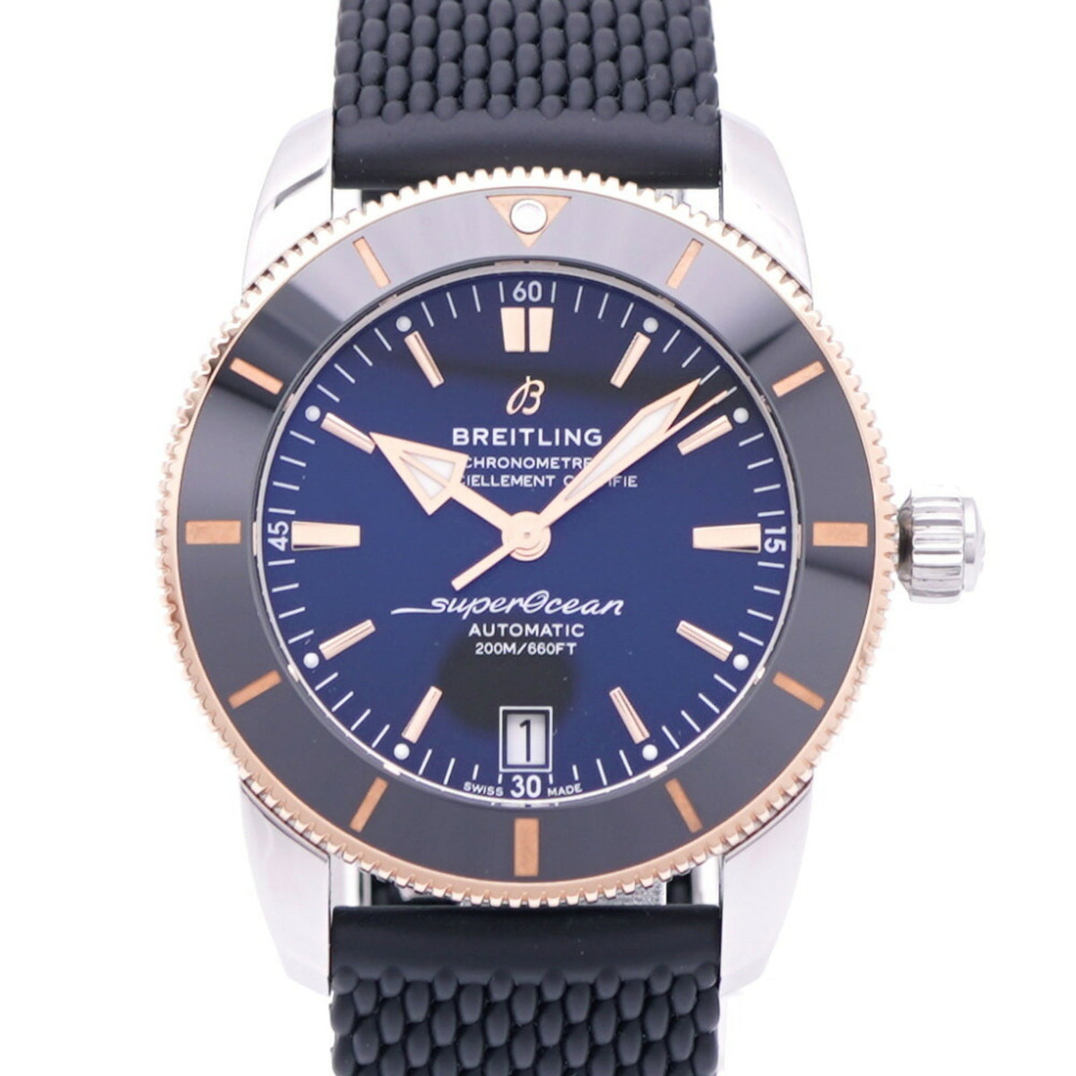Pre-Owned Like new Breitling Superocean Heritage B20 UB2010 automatic watch in stainless steel/rubber with gold-plated case and black dial (0174BREITLING) for men.