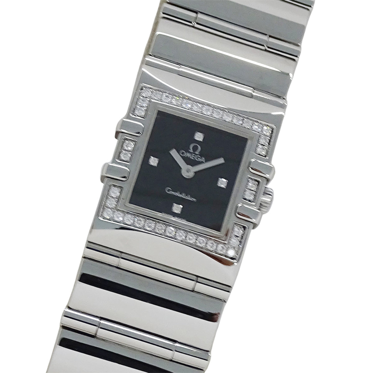 Pre-Owned Omega Constellation Carre Quadra 1528.46 Women's Watch, Brand Name, Diamond, Quartz Movement, Stainless Steel (SS), Silver, Black, Square Frame