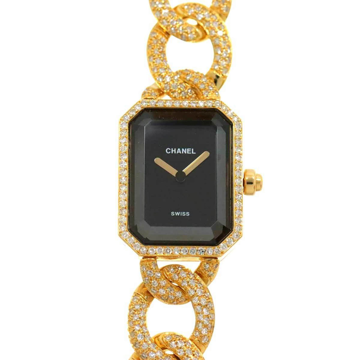 Gebrauchte CHANEL Premiere L Größe H0114 Echte Diamant Damenuhr schwarz K18YG Gelbgold massiv Quarz 