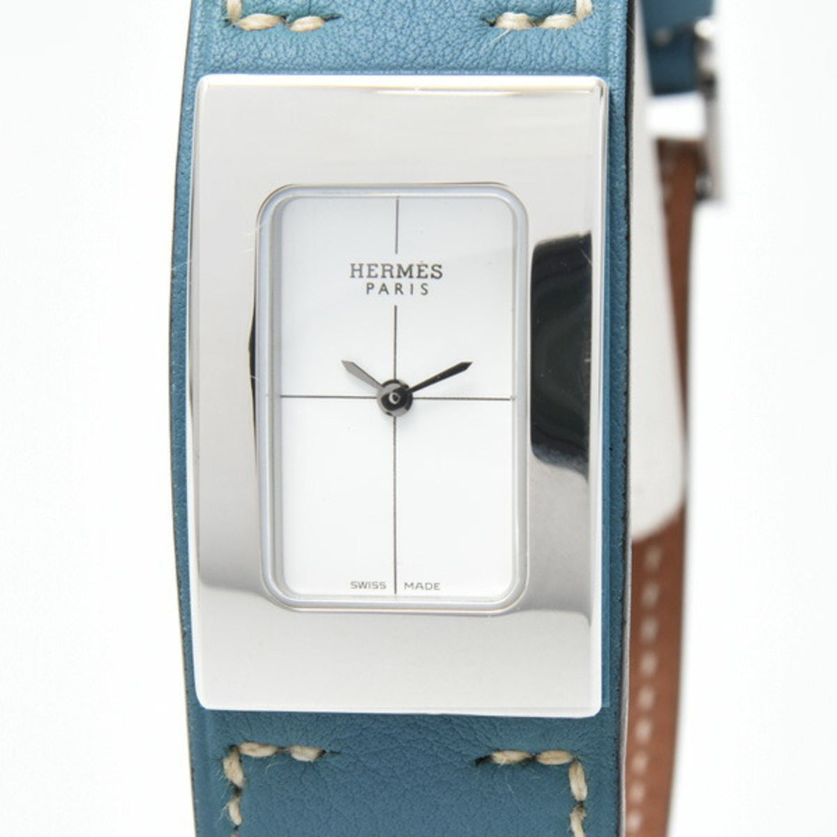 Gebrauchte Hermes Damenuhr Cherche Midi Batteriebetrieben Quarz Edelstahl Leder Weißes Zifferblatt Blue Jean CM1.210 HERMES 