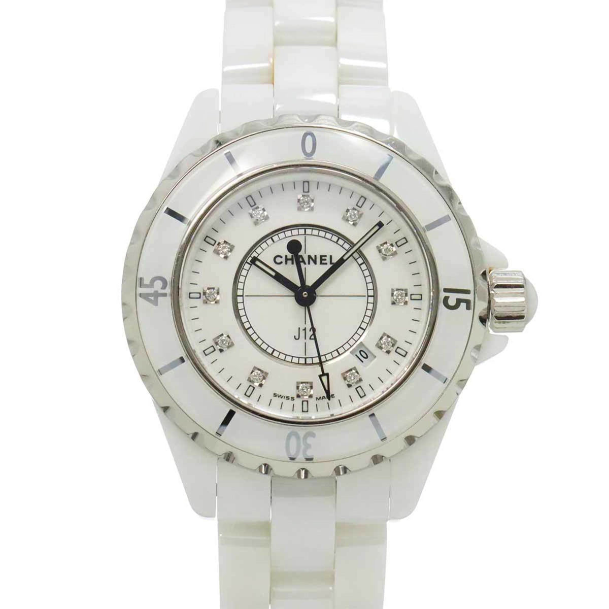 Pre-Owned CHANEL J12 33mm H1628 Women's Watch with 12 Diamonds, Date Display, White Ceramic Quartz Movement