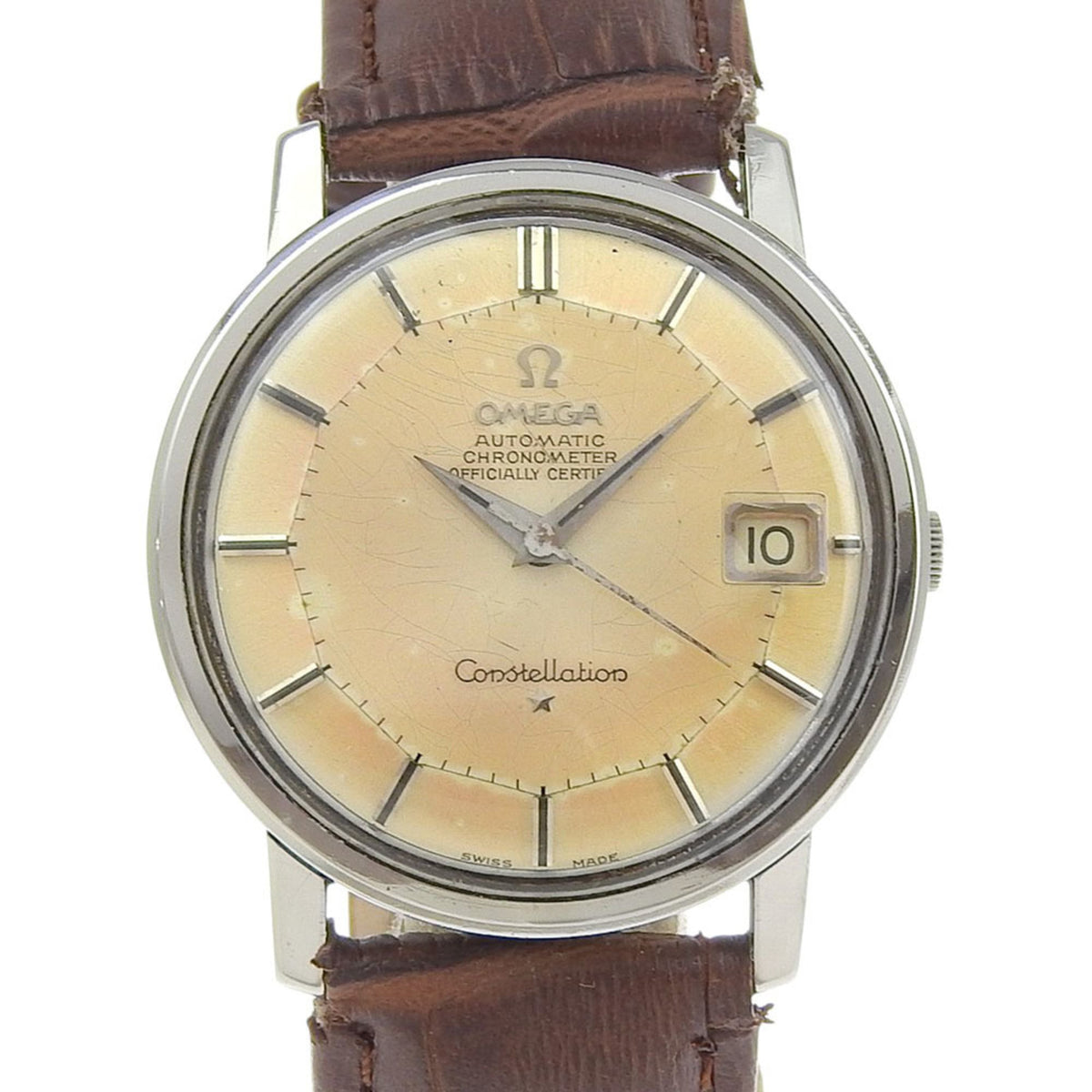 Gebrauchte OMEGA Constellation Herrenuhr 168.005 Edelstahl mit geprägtem Lederarmband, Automatik, Analoganzeige, beiges Zifferblatt, B-Rang 