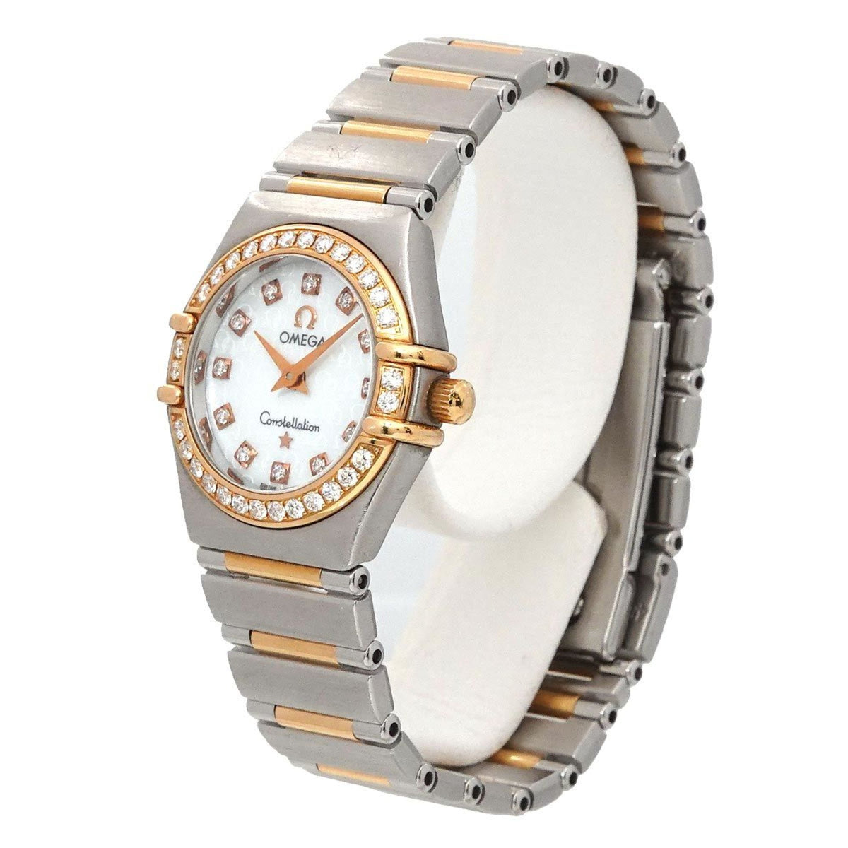 Gebrauchte OMEGA Constellation Two-Tone 1360 75 12P Diamant-Lünette Damenuhr Weißes Gehäuse PG Roségold Quarz 