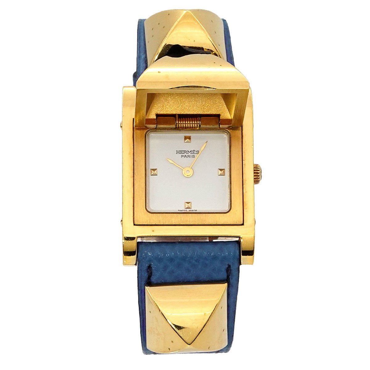 Gebrauchte Hermes Medor Damenuhr Pyramide Goldnieten Weiß Blau Leder Quarz 