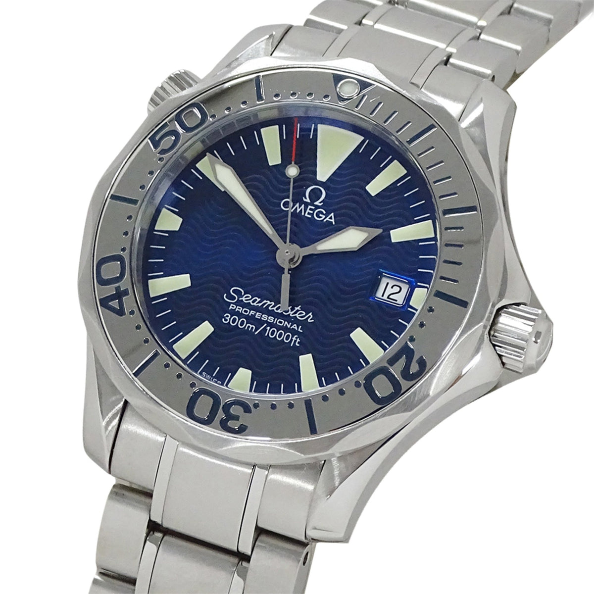 Pre-Owned OMEGA Seamaster 2263.80 Wristwatch Boys Brand 300m Date Quartz QZ Stainless Steel SS Silver Blue Polished
