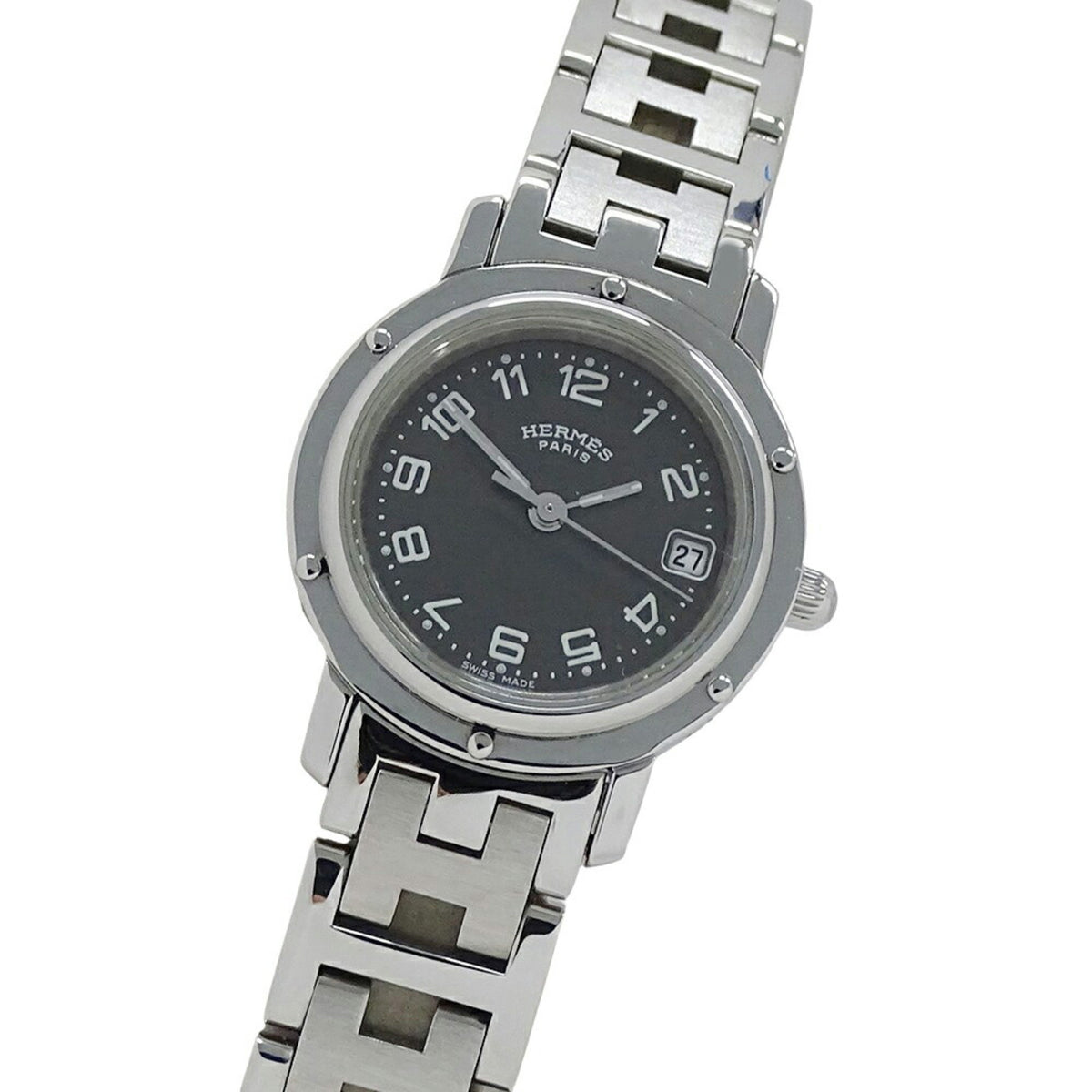 Pre-Owned Herm?s Clipper Date Quartz Stainless Steel Watch CL4.210, Silver Gray, Polished