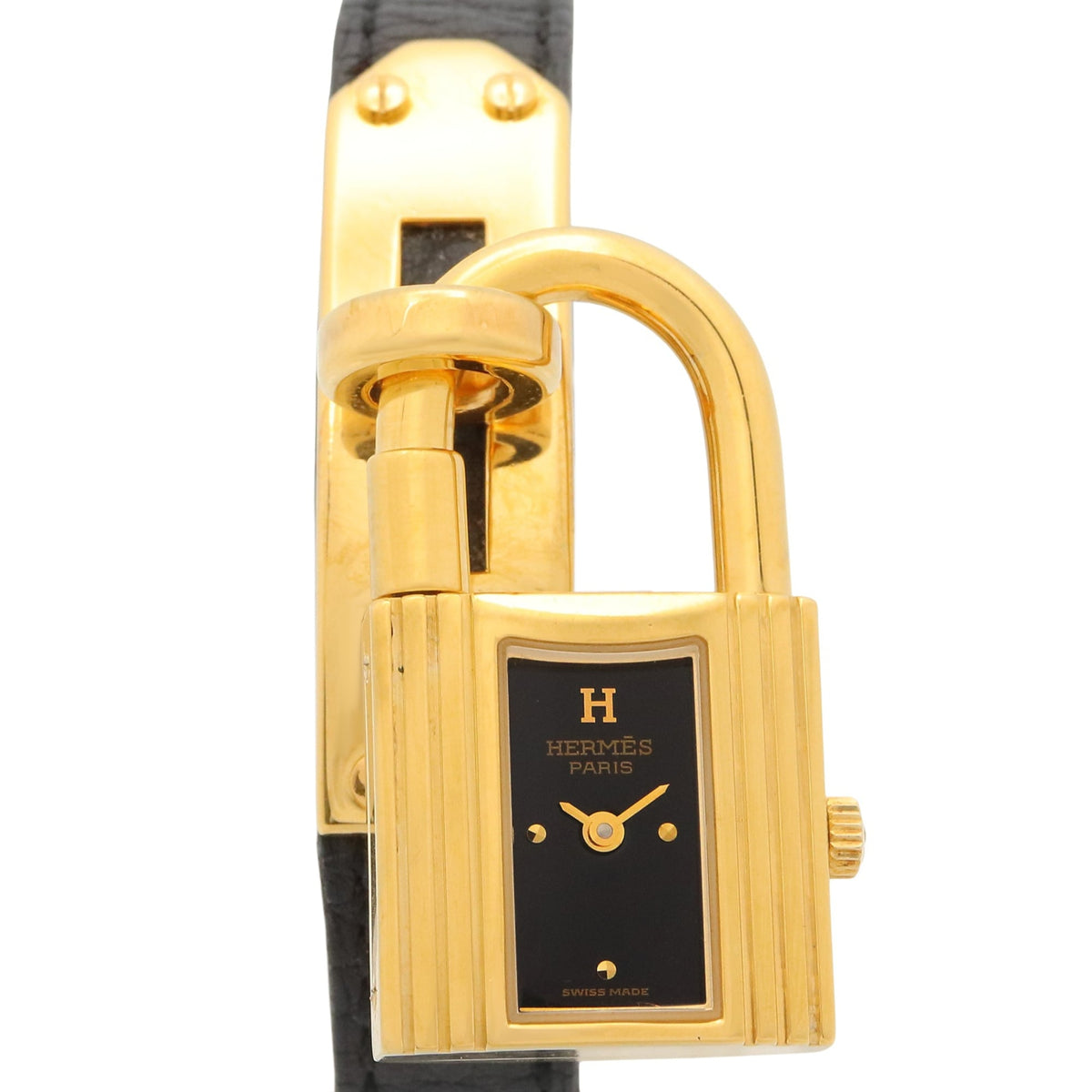 Pre-Owned Hermes Kelly Watch, Gold Plated (GP), Leather Strap, Women's, Black, KE1.201