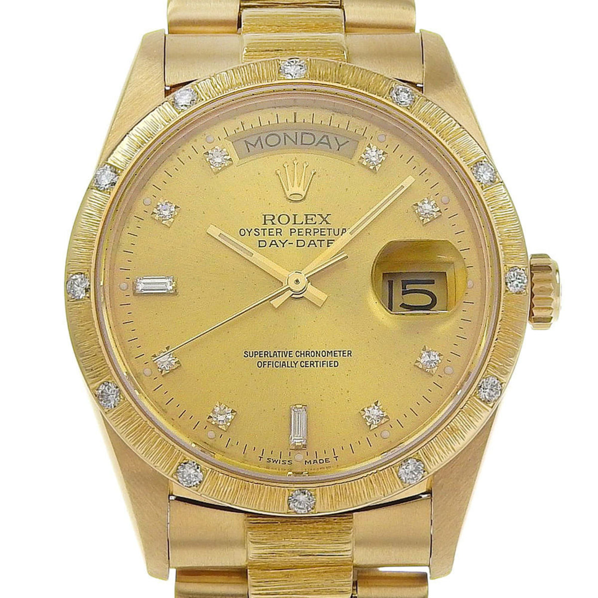 Pre-Owned Like new Rolex Day-Date 18108 9 (circa 1986) Gold Dial, Diamond Bezel, 18K Yellow Gold, 140.8g, Automatic