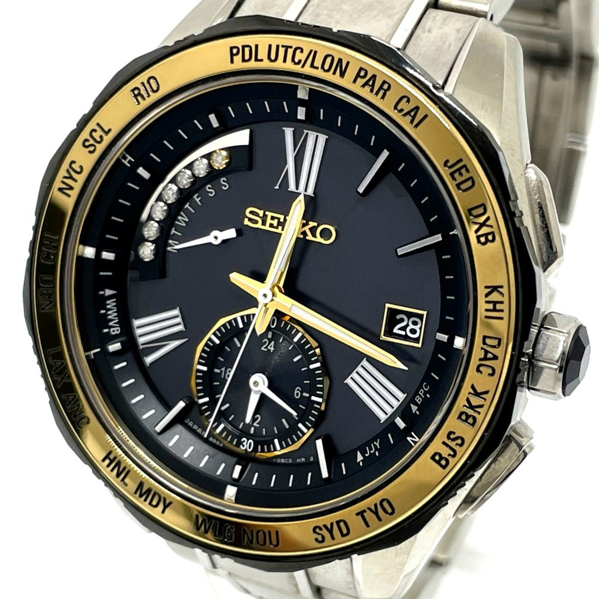 Gebrauchte Seiko 8B54-OBGO/SAGA186 Solar Quarz Datum Armbanduhr Silber x Gold 