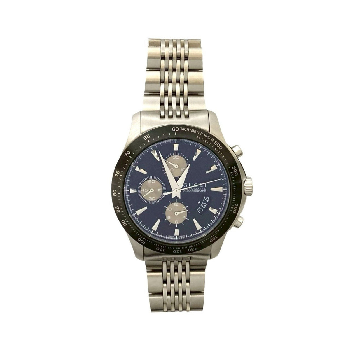 Pre-Owned GUCCI G Timeless Chronograph Stainless Steel Automatic Watch for Men, Silver and Black, 24831