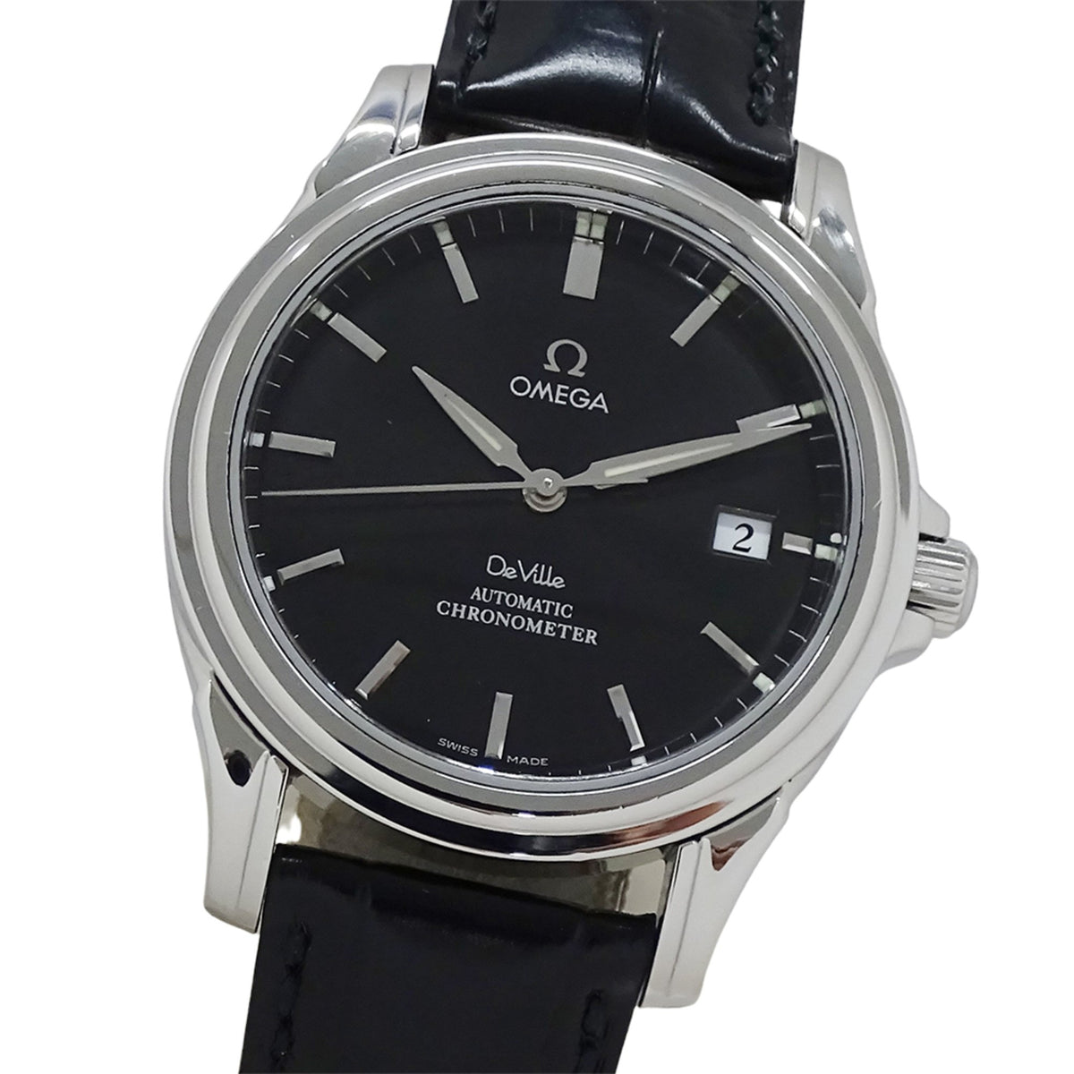 Pre-Owned OMEGA De Ville 4831.50.31 Men's Co-Axial Chronometer Date Automatic Watch with Stainless Steel and Leather Strap, Silver Black Polished