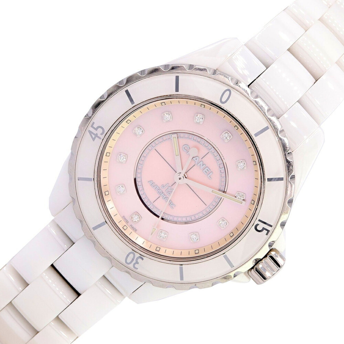Gebrauchte Chanel Herrenuhr, Limitiert auf 1200 Stück weltweit, J12, Rosa Muschel, 12P Diamant, H5514, Weiße Keramik, SS, Automatik, Perlmutt, Edition, CHANEL 