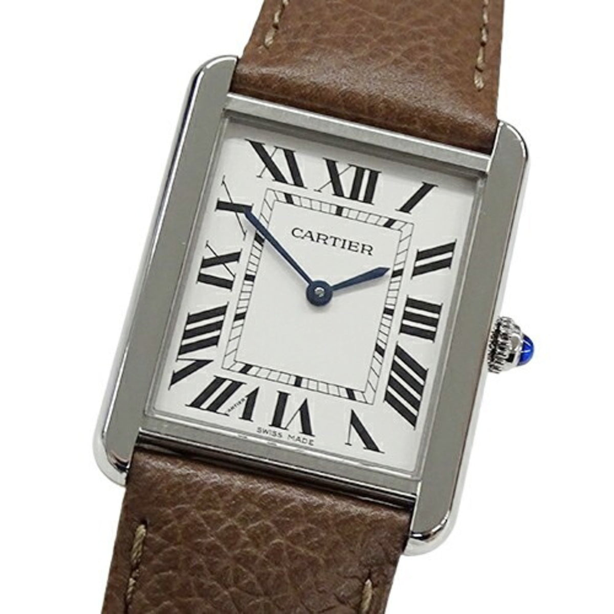 Gebrauchte Cartier Tank Solo LM Herrenuhr Quarz Edelstahl Leder WSTA0028 Silber Braun Quadrat Poliert 