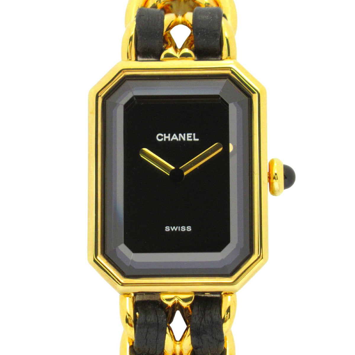 Gebrauchte CHANEL Premiere M Uhr GP (vergoldet) Leder Damen Schwarz H0001 