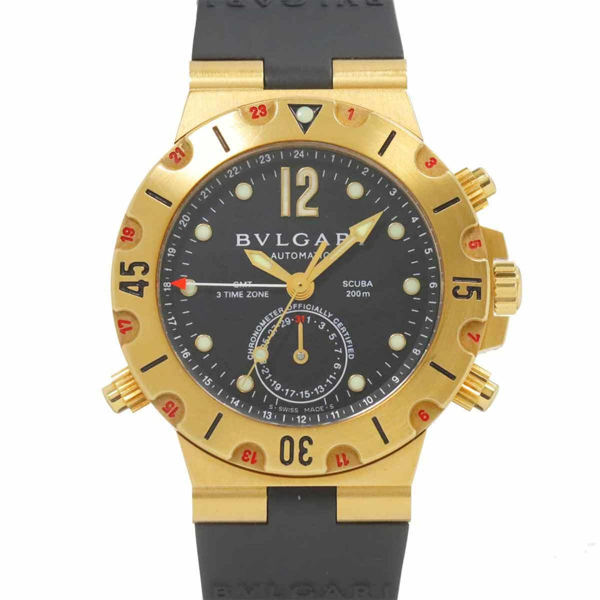 Gebrauchte BVLGARI Diagono Scuba GMT SD38GGMT Herrenuhr Datum Schwarz K18YG Gelbgold Automatik Selbstaufzug 